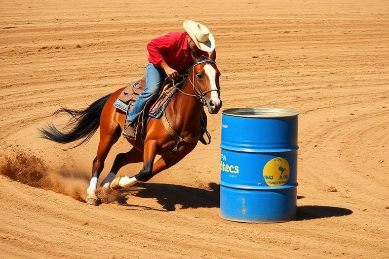 Barrel racing horse and rider making a tight turn around a barrel