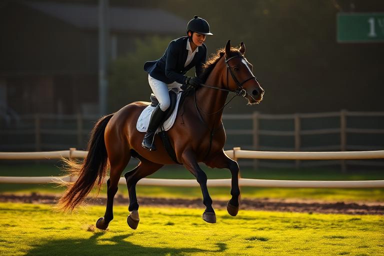 Eventing horse and rider galloping through a cross-country course