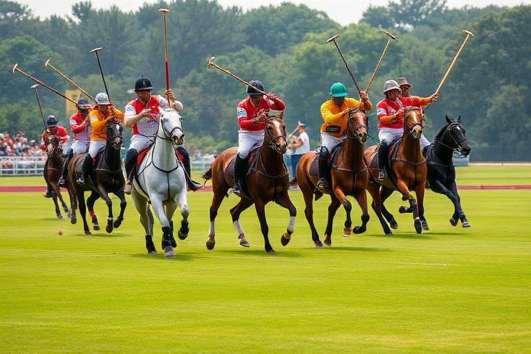Polo horses and riders in fast-paced match action