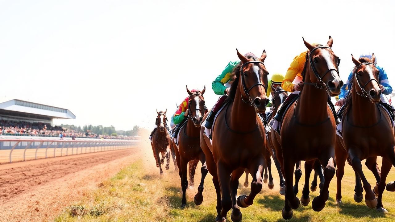 Thoroughbred racehorses galloping at full speed on a flat track