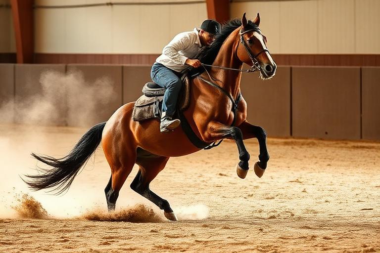 Reining horse performing a sliding stop in a sandy indoor arena
