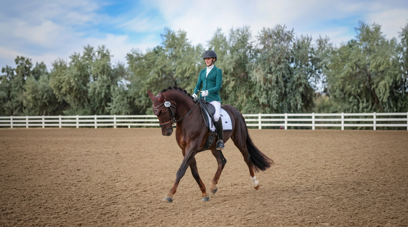 Dressage horse and rider working in an arena with engineered footing