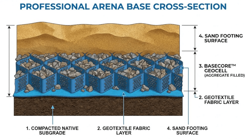 Cross-section diagram showing layers of compacted arena base with geocell reinforcement
